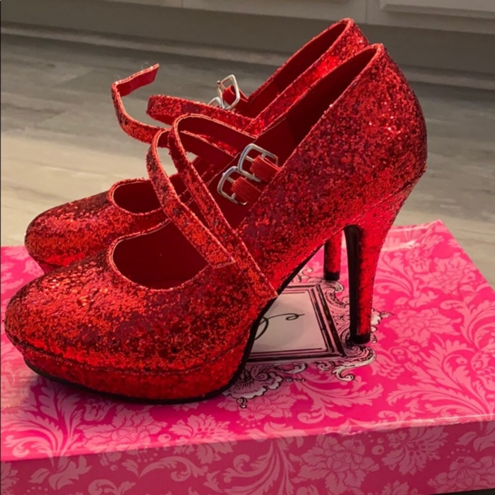 Red glitter platform heels